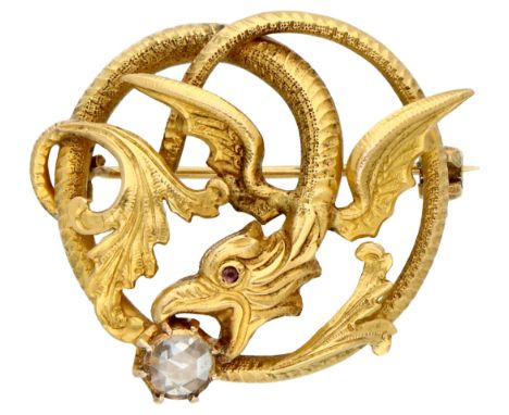 18K Yellow gold chimera brooch with rose diamond Mythological animal with a rose-cut diamond in its mouth (Ø5 mm) and an amet