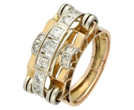 18K Yellow gold retro ring with various cut diamond Openwork ring set with four rose, four single of approx. 0.04 ct and thre