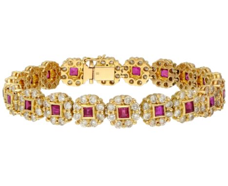 18K Yellow gold link bracelet set with approx. 3.20 ct. diamonds. Twenty links comprising a flower with synthetic ruby (appro