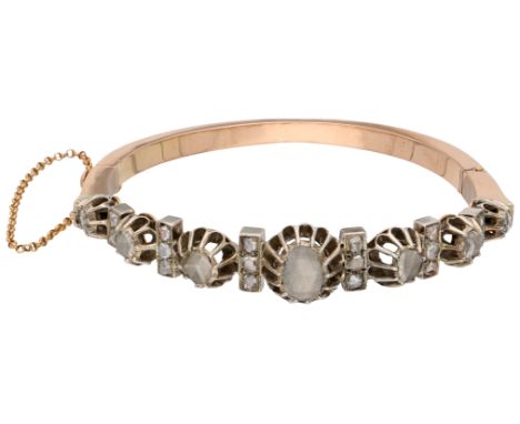 Gold/silver bangle bracelet with rose cut diamond. Set with 23 rose cut diamonds set on foil in closed settings, the largest 