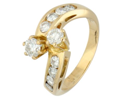 14K Yellow gold toi et moi ring set with approx. 1 ct. diamonds. Set with ten brilliant-cut diamonds totalling approx. 1 ct. 
