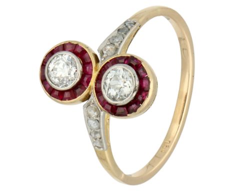 18K yellow gold  ring set with two Old European diamonds and ruby Set with two Old European cut diamonds totaling 0.56 ct. (V