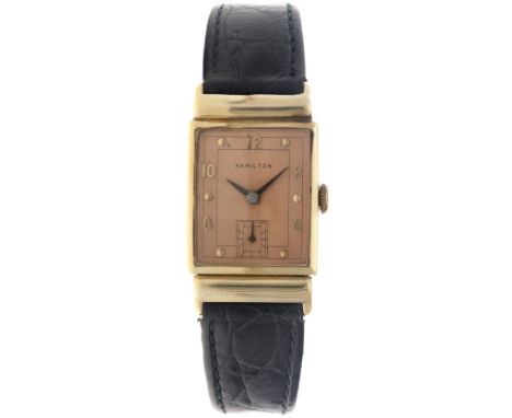 No Reserve - Hamilton Vintage 'Tank' 14K - Men's watch - approx. 1950's Case: yellow gold (14K.) - strap: leather - manual - 
