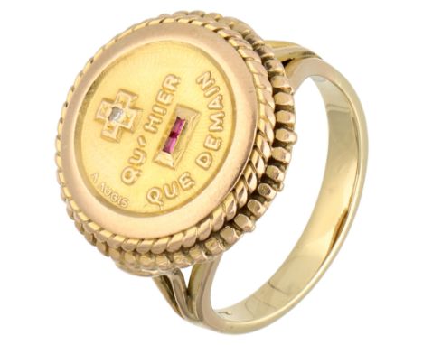 14K Yellow gold Alphonse Augis More than yesterday less than tomorrow ring With a diamond and synthetic ruby. In good conditi