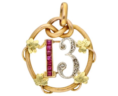 French 18K bicolour gold 13 lucky pendant Pendant with the number 13 set in a decor of ivy leaves. The 1 set with synthetic r