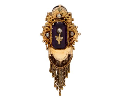 14K Rose gold antique slider with "beard" Slide of circa 1880 - 1900 set with a plaque of cut amethyst (c 14.16 x 7.55 mm) in