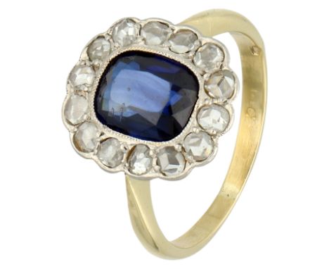 14K Yellow gold entourage ring with synthetic sapphire and rose diamond Set with a synthetic sapphire (approx. 8.13 x 6.70 mm