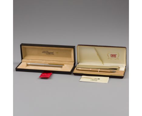 S.T. Dupont ballpoint pen &amp; Cross ballpoint pen, silver-plated. Both with original case, the Cross pen with 14K gold-plat