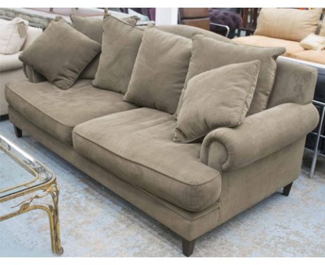 COCO REPUBLIC SOFA, large brown corduroy upholstered with arched back and scatter cushions, 215cm. (5)