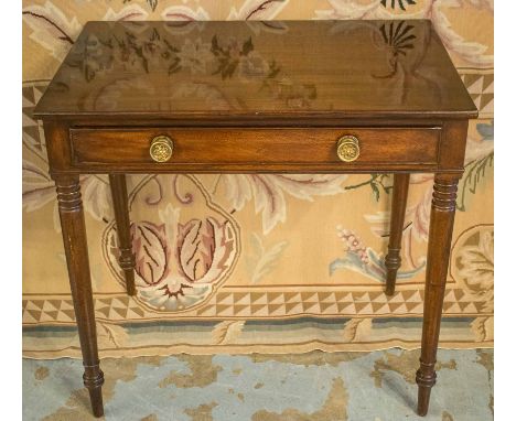 WRITING TABLE, 19th century mahogany, stamped Wilkinson, Ludgate Hill, with single full width drawer and turned supports, 76c