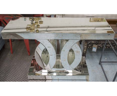 MIRROR CONSOLE, rectangular bevelled on circular and faceted mirror support, 77cm H x 121cm W x 41cm D.