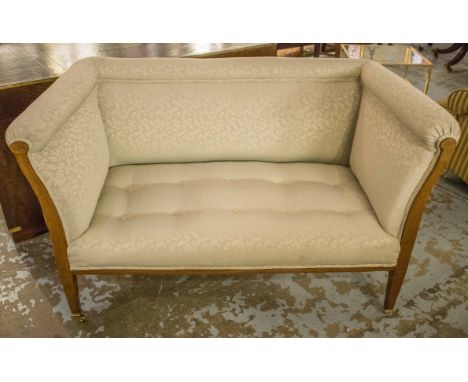 EDWARDIAN SOFA, mahogany and satinwood inlaid, with button upholstered seat and tapering supports, 138cm W.