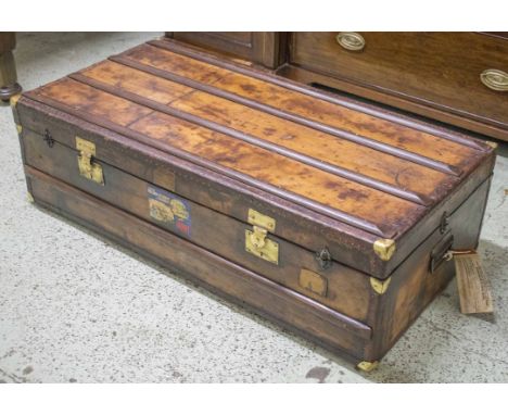 TRAVELLING TRUNK, late 19th/early 20th century French batten and leather bound with hinged top and iron handles, 35cm H x 114