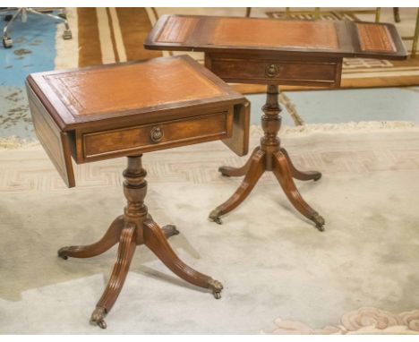 LAMP TABLES, a pair, Georgian style mahogany, each with drop flap tan leather top and single drawer, 61cm H x 50cm x 38cm, 80