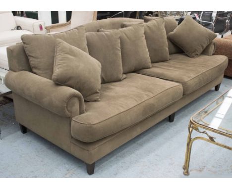 COCO REPUBLIC SOFA, large brown corduroy upholstered with arched back and scatter cushions, 255cm W. (7)