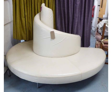 SPIRAL SOFA in cream faux leather on metal supports, approx 200cm D.