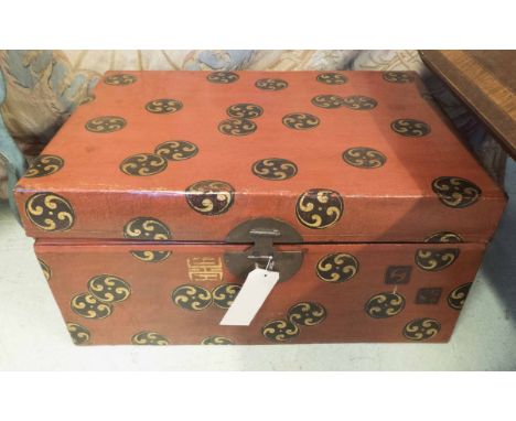 CHINESE RED TRUNK, lacquered with black and gilt detail, 80cm x 57cm x 38cm H.