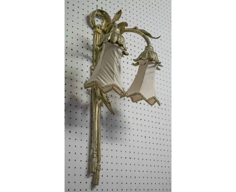 GILT METAL WALL LIGHTS, a pair, the lighting arms each cast a goats head, 54cm H and a pair of silvered finish twin light wal