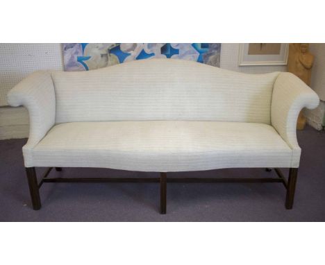 SOFA, George III mahogany upholstered in cream fabric with camel back on stretchered channelled legs (restorations) 90cm H x 