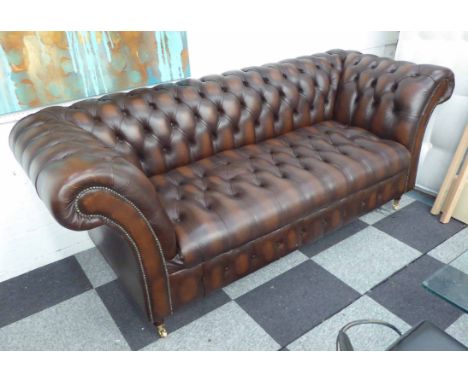 CHESTERFIELD STYLE SOFA, brown leather finish, 215cm wide.