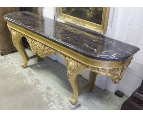 CONSOLE TABLE, French carved giltwood with rounded variegated marble top and acanthus carved and cabriole leg supports, 94cm 