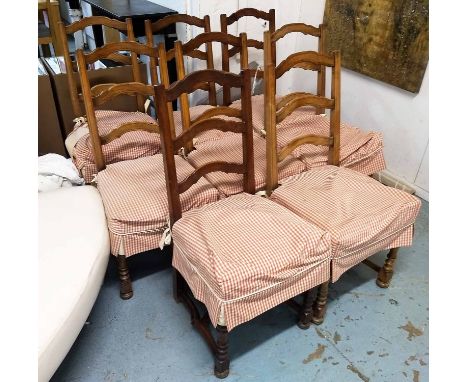 LADDER BACK DINING CHAIRS, a set of eight, 20th century Continental walnut with cream velvet stuffover seats and loose gingha