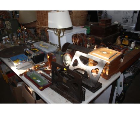 A quantity of mostly wooden items to include Day Dial calendar clock, wooden book trough, music stand, wooden box fitted sing