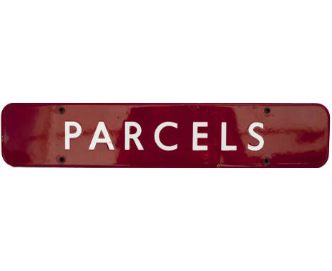 BR(M) FF enamel doorplate PARCELS measuring 18in x 3.5in. In very good condition with a couple of small edge chips.