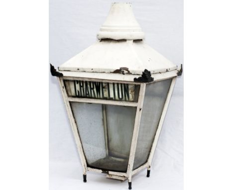 Sugg copper station lamp with original china glass station name CHARWELTON. In good condition although the finial of the case