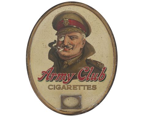 Oval tinplate advertising sign ARMY CLUB CIGARETTES. Measures 18in x 14in and is in good condition.