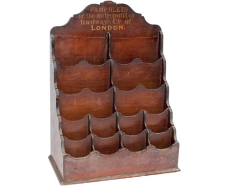 Metropolitan Railway mahogany leaflet rack, sign written in gold PAMPHLETS OF THE METROPOLITAN RAILWAY CO LONDON. Stands 19in