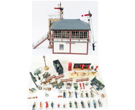 O gauge accessories to include a scratch built model of Dent Station Midland Railway signal box with working lights, 2 Midlan