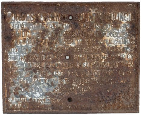 WORCESTERSHIRE COUNTY COUNCIL cast iron bridge notice reading BEING SATISFIED THAT THE USE OF THIS BRIDGE BY ANY LOCOMOTIVE W