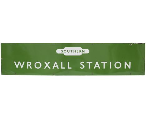 BR(S) light green enamel station fascia sign Wroxall STATION with Southern Totem to top. Measures 52in x 12in and is in excel