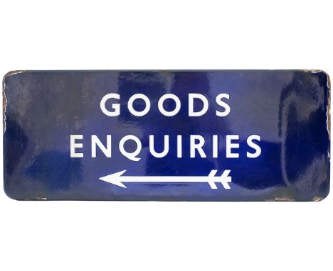 BR(E) enamel FF GOODS ENQUIRIES with left facing arrow. In good condition with some edge chipping. Measures 30in x 12in.