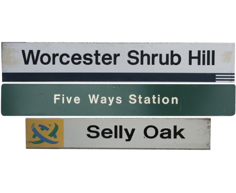 Modern image station signs x3 to include: WORCESTER SHRUB HILL 83in x 14in, SELLY OAK STATION with Centro logo 47in x 10in, F
