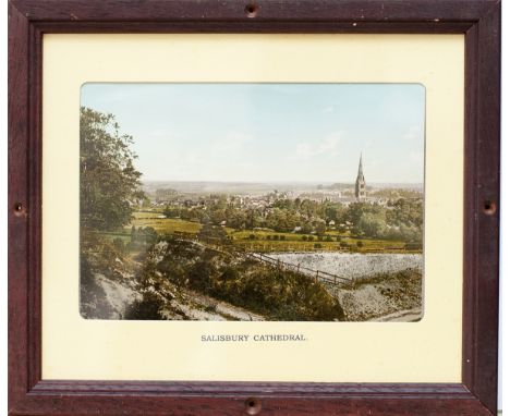 GWR Carriage Panel SALISBURY CATHEDRAL. Dating around 1895, A pre-war Photochrom colour-tinted panel, in titled mount and fra
