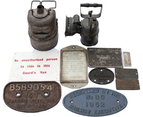 A selection of items to include: LMS carbide lamp, BR signal interior lamp, locomotive cast iron registration plate Registere