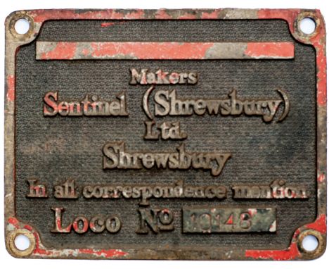 Worksplate rectangular brass SENTINEL SHREWSBURY LOCO No 10148. From 0-6-0 diesel hydraulic locomotive new in 1963 to Port of