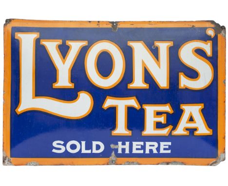 Enamel advertising sign LYONS TEA SOLD HERE. Cushion shaped and measures 30in x 19in. In good condition with a few small chip