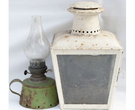 Platform lamp with original reservoir and burner marked Sherwoods, the lamp stands 15in tall. Together with a NER/LNER lamp r