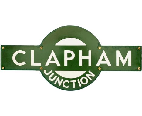 Southern railway enamel target sign CLAPHAM JUNCTION. In good condition with some repairs to edge chipping. Much rarer than t