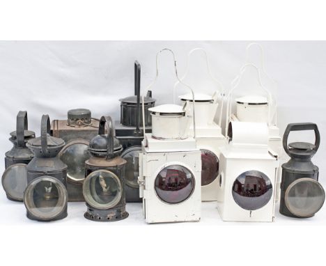 A selection of 10 lamps to include: LSWR handlamp with LBSCR top stamped NEWHAVEN and brass plated SRA 672, GWR 3 aspect bras