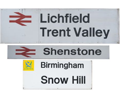 Modern image station signs x3 to include: BIRMINGHAM SNOW HILL with Centro logo 38in x 16in, 1970's double arrow logo era run