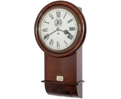 GWR 12in mahogany cased drop dial trunk fusee clock. An early GWR clock supplied by Skarratt or Kays of Worcester, the chain 