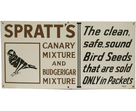 Advertising enamel sign SPRATTS CANARY MIXTURE AND BUDGERIGAR MIXTURE THE CLEAN, SAFE, SOUND BIRD SEEDS THAT ARE SOLD ONLY IN