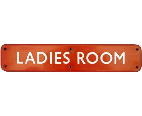 BR(NE) FF enamel doorplate LADIES ROOM measuring 18in x 3.5in. In good condition with one small repair.
