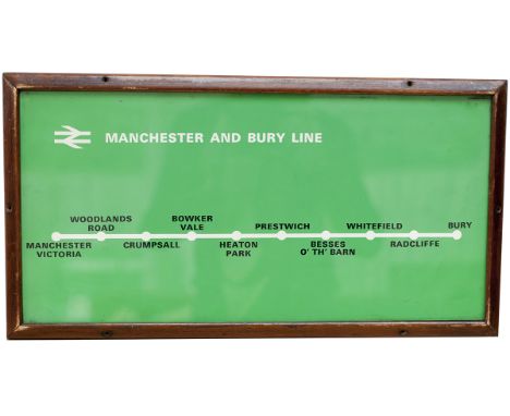 Carriage print route diagram for the MANCHESTER & BURY LINE, 20in x 10in and in original frame with safety glass, ex M77172.