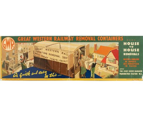 GWR carriage print card advertising panel GREAT WESTERN RAILWAY REMOVAL CONTAINERS HOUSE TO HOUSE REMOVALS. Measures 26in x 8