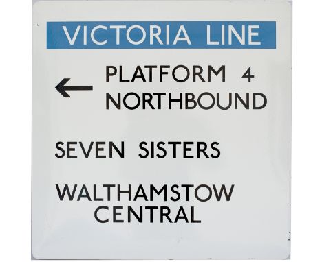Underground enamel sign FF VICTORIA LINE PLATFORM 4 NORTHBOUND SEVEN SISTERS WALTHAMSTOW CENTRAL.  In excellent condition mea